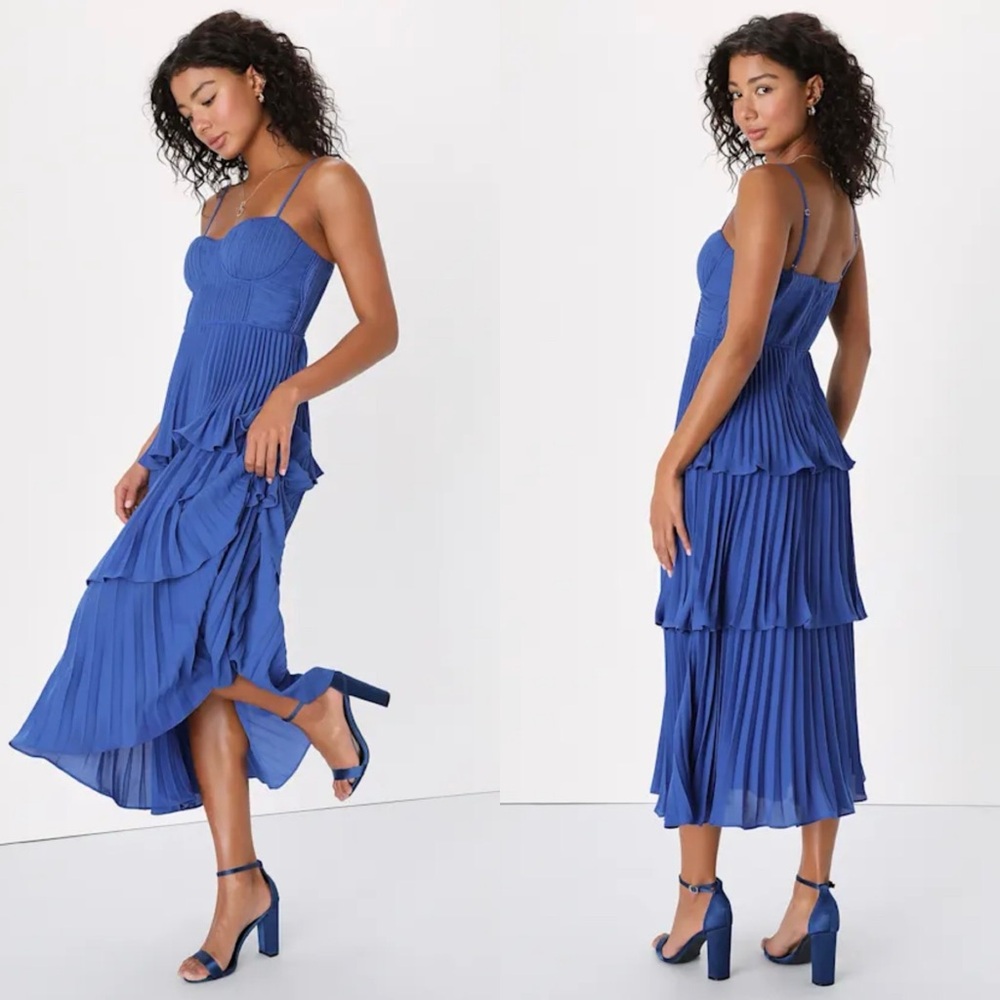 NWT Lulus Cascading Crush Cobalt Blue Tiered Bustier Midi Dress